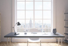 room studying home front view study interior new york city apartment wooden floor white walls big window large 75064884