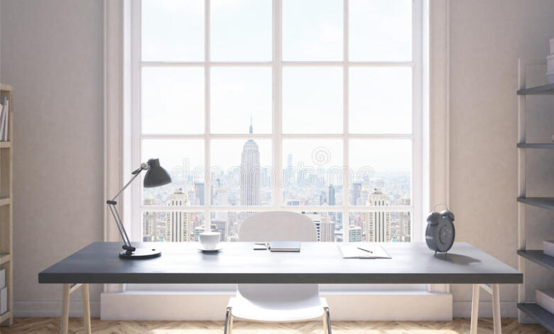 room studying home front view study interior new york city apartment wooden floor white walls big window large 75064884